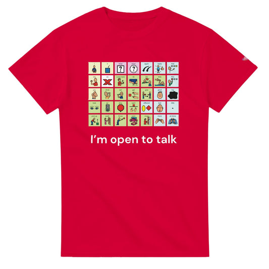 Red T-shirt with picture of an AAC communication board text reads I'm open to talk